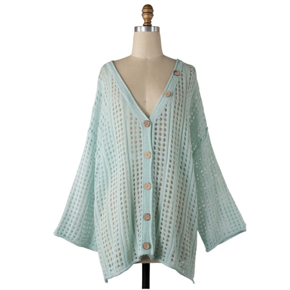 207. Women's Sky Blue Open Knit Button Up Cardigan NEW